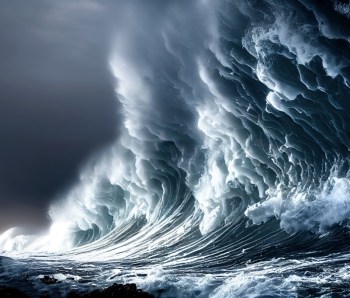 Giant tsunami waves, dark stormy sky. Perfect Storm. Huge waves